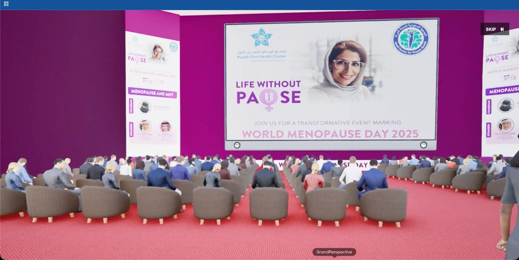 Branded 3D auditorium stage with event title and speaker portraits