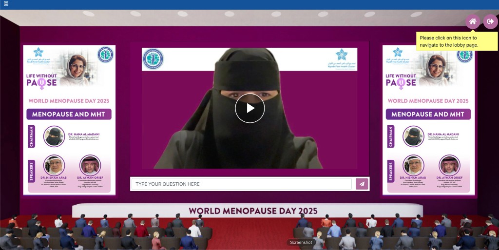 3D auditorium with live video stream and attendee Q&A input