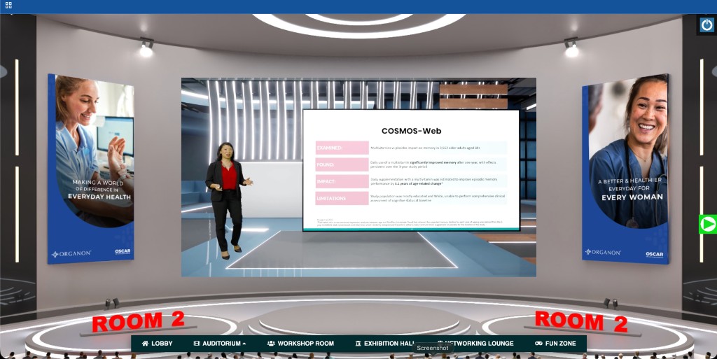 3D breakout session room with presentation screen and room labels