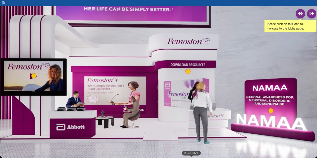 3D virtual expo booth with video screen download resources and product messaging