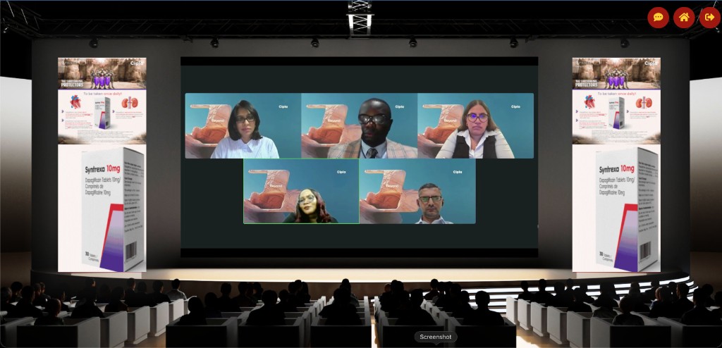 Hybrid 3D auditorium with multi-speaker webcast grid and product banners
