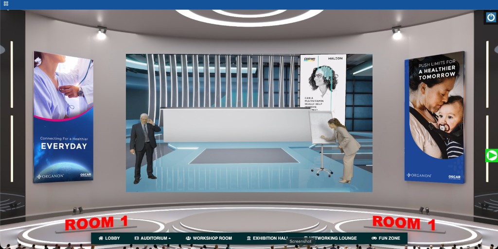 3D virtual event bottom navigation bar across lobby auditorium workshop and expo rooms