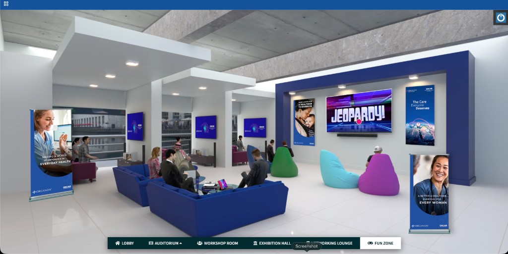 3D networking lounge with sofas bean bags and engagement screen