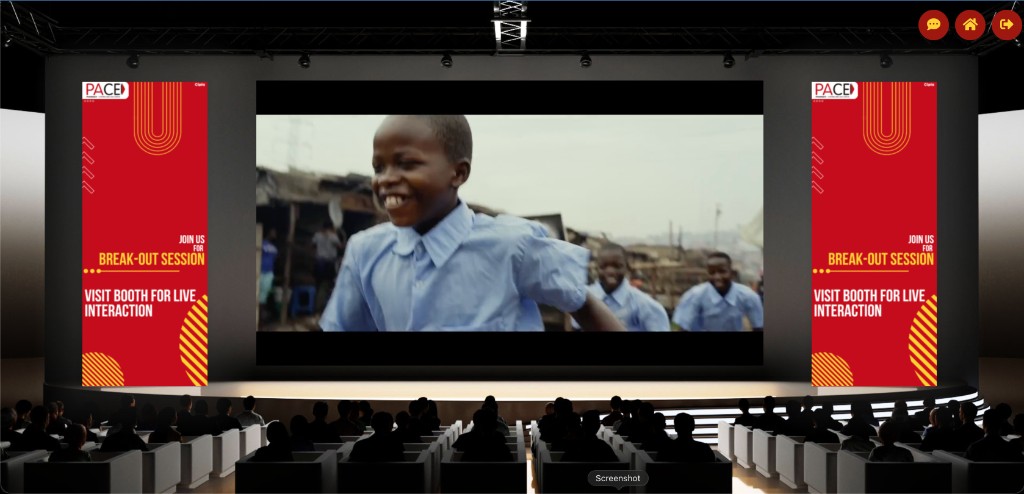 3D plenary auditorium with branded stage screen and seated audience