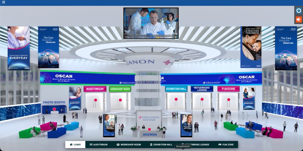 Scientific congress 3D virtual lobby with agenda desk and room navigation