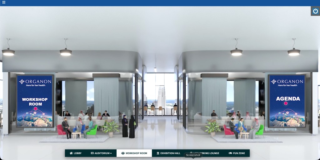 3D workshop room with glass enclosures and collaborative seating