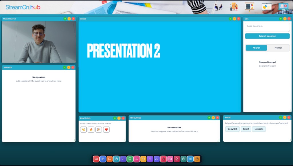 VIDE premium webcast room with branded video, slides, Q&A, reactions, and resources
