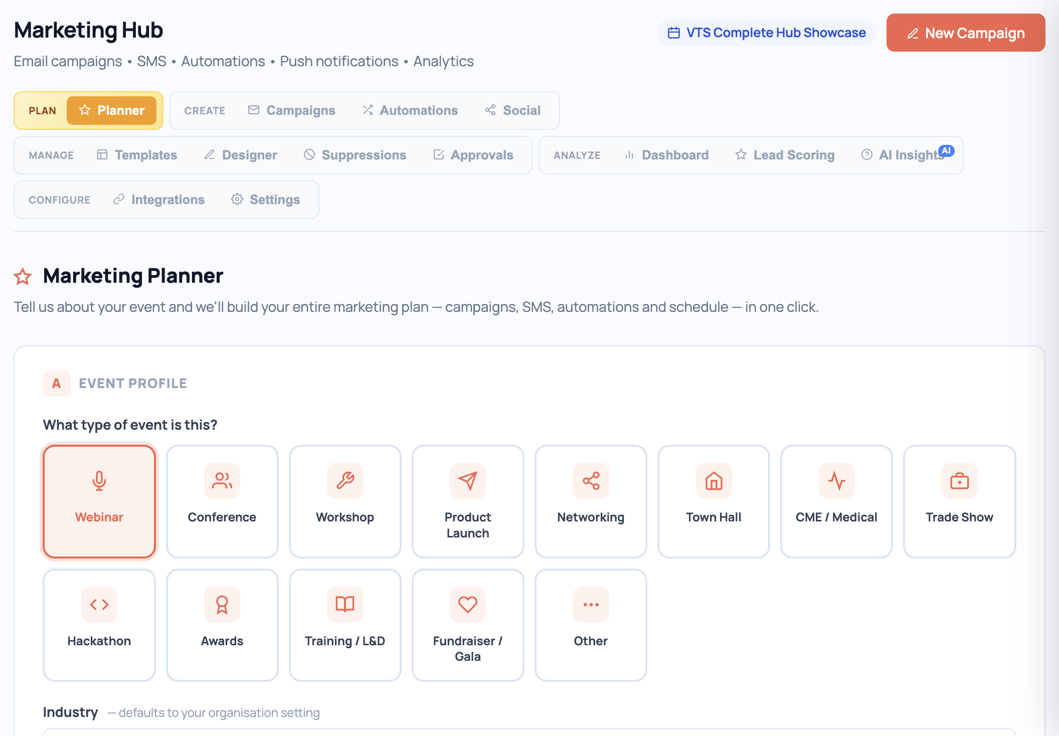 VIDE Marketing Studio with event campaign views and audience segments